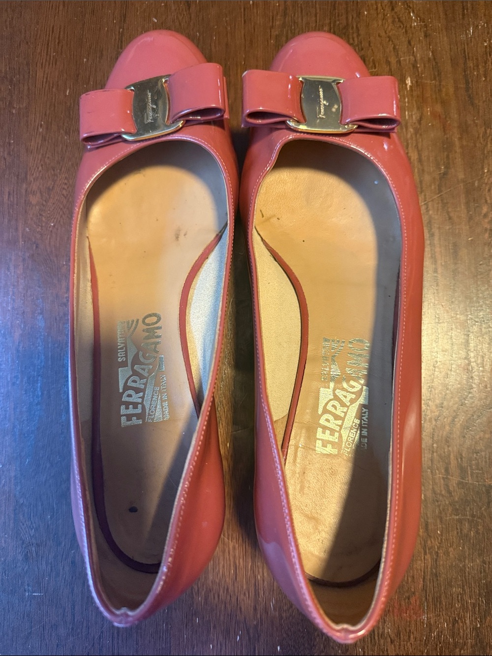 Salvatore Ferragamo Coral Pink Patent Leather Bow Flats